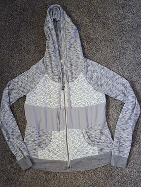 Miss Me Lightweight Crocheted Full Zip Hoodie Gray White Medium